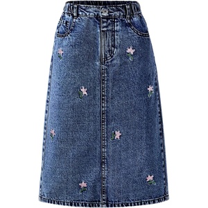 image:imageMakeMeChic Girls Jean Skirt Elastic High Waisted Y2k Summer Cute Denim Midi Skirts with PocketFlower Dark Blue