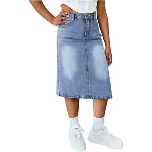 image:imageMakeMeChic Girls Jean Skirt Elastic High Waisted Y2k Summer Cute Denim Midi Skirts with PocketLight Blue