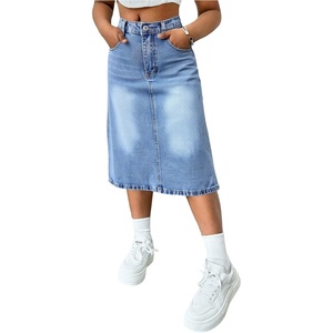 image:imageMakeMeChic Girls Jean Skirt Elastic High Waisted Y2k Summer Cute Denim Midi Skirts with PocketLight Bluea