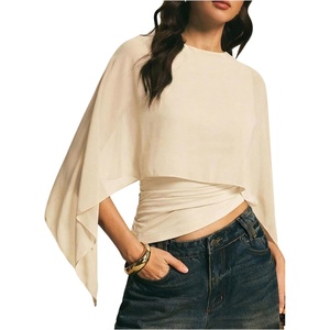 image:imageMakeMeChic Womens Asymmetrical Tops Going Out Chiffon Blouse Dressy Casual Sheer Mesh TopsApricot