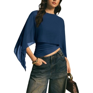 image:imageMakeMeChic Womens Asymmetrical Tops Going Out Chiffon Blouse Dressy Casual Sheer Mesh TopsBlue Plain
