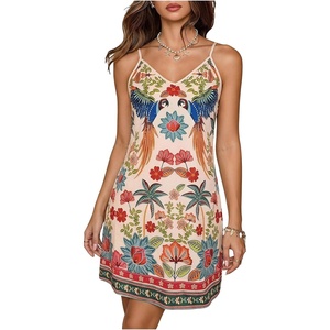 image:imageMakeMeChic Womens Boho Tropical Dress Summer Vacation Spaghetti Strap Sleeveless Floral Beach Short DressesMulticolor D