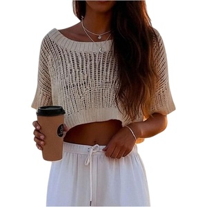 image:imageMakeMeChic Womens Crochet Crop Cover Up Sweater Hollow Out Short Sleeve Lightweight Pullover Summer TopsApricot