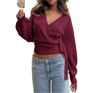 image:imageMakeMeChic Womens Cropped Sweaters Fall Wrap Sweater V Neck Tie Front Long Sleeve Knit TopsBurgundy