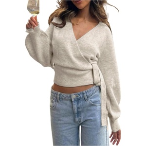 image:imageMakeMeChic Womens Cropped Sweaters Fall Wrap Sweater V Neck Tie Front Long Sleeve Knit TopsKhaki