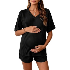 image:imageMakeMeChic Womens Maternity 2 Piece Outfits Summer Short Sleeve Rib Knit Tee Top and Short Lounge Sets ClothesBlack