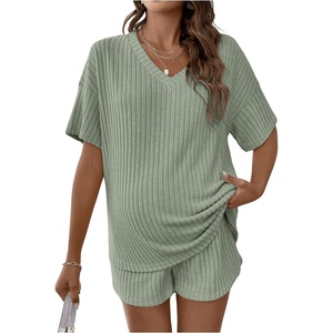 image:imageMakeMeChic Womens Maternity 2 Piece Outfits Summer Short Sleeve Rib Knit Tee Top and Short Lounge Sets ClothesGreen