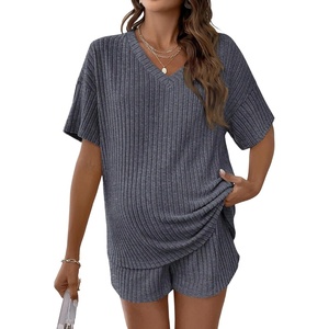 image:imageMakeMeChic Womens Maternity 2 Piece Outfits Summer Short Sleeve Rib Knit Tee Top and Short Lounge Sets ClothesGrey a