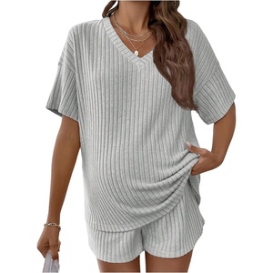 image:imageMakeMeChic Womens Maternity 2 Piece Outfits Summer Short Sleeve Rib Knit Tee Top and Short Lounge Sets ClothesLight Grey