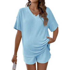 image:imageMakeMeChic Womens Maternity 2 Piece Outfits Summer Short Sleeve Rib Knit Tee Top and Short Lounge Sets ClothesMint Blue