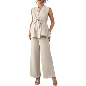 image:imageMakeMeChic Womens Maternity Clothes 2 Piece Sets Wrap V Neck Sleeveless Tops Pants Business Casual OutfitsApricot