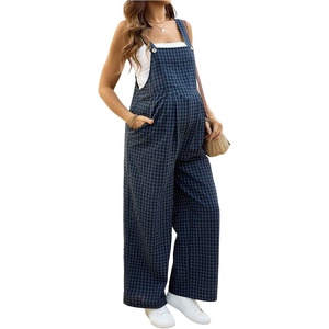 image:imageMakeMeChic Womens Maternity Overalls Summer Gingham Sleeveless Wide Leg Y2K Pregnancy JumpsuitsBlue