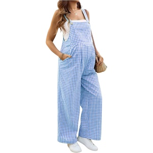 image:imageMakeMeChic Womens Maternity Overalls Summer Gingham Sleeveless Wide Leg Y2K Pregnancy JumpsuitsBlue and White N