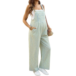 image:imageMakeMeChic Womens Maternity Overalls Summer Gingham Sleeveless Wide Leg Y2K Pregnancy JumpsuitsBlue and Yellow