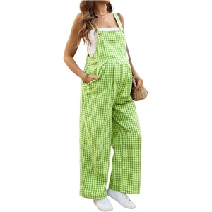 image:imageMakeMeChic Womens Maternity Overalls Summer Gingham Sleeveless Wide Leg Y2K Pregnancy JumpsuitsGreen N