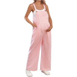 image:imageMakeMeChic Womens Maternity Overalls Summer Gingham Sleeveless Wide Leg Y2K Pregnancy JumpsuitsPink