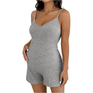 image:imageMakeMeChic Womens Maternity Summer Cami Romper V Neck Rib Knit Pregnancy Short Overalls Jumpsuit Vacation OutfitsLight Grey