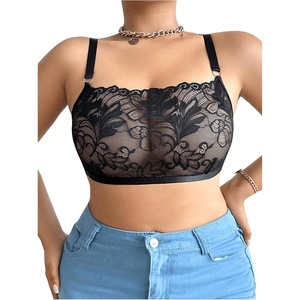 image:imageMakeMeChic Womens Plus Size Bra Floral Lace Sheer Spaghetti Strap Wireless BraletteBlack B