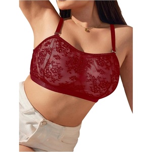 image:imageMakeMeChic Womens Plus Size Bra Floral Lace Sheer Spaghetti Strap Wireless BraletteBurgundy