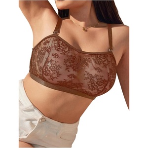 image:imageMakeMeChic Womens Plus Size Bra Floral Lace Sheer Spaghetti Strap Wireless BraletteCoffee Brown