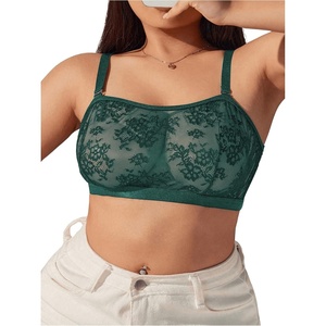 image:imageMakeMeChic Womens Plus Size Bra Floral Lace Sheer Spaghetti Strap Wireless BraletteDark Green