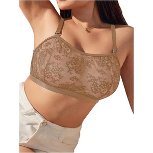 image:imageMakeMeChic Womens Plus Size Bra Floral Lace Sheer Spaghetti Strap Wireless BraletteKhaki
