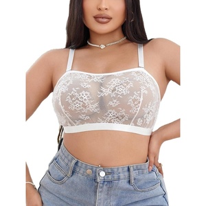 image:imageMakeMeChic Womens Plus Size Bra Floral Lace Sheer Spaghetti Strap Wireless BraletteWhite