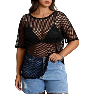 image:imageMakeMeChic Womens Plus Size Concert Outfits Fishnet Tops Black Rhinestone Mesh Short Sleeve Festival TopsBlack Fishnet