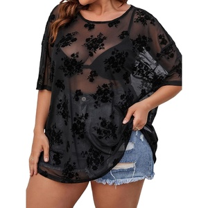 image:imageMakeMeChic Womens Plus Size Concert Outfits Fishnet Tops Black Rhinestone Mesh Short Sleeve Festival TopsBlack Floral