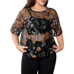image:imageMakeMeChic Womens Plus Size Concert Outfits Fishnet Tops Black Rhinestone Mesh Short Sleeve Festival TopsBlack Floral Embroidery