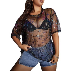 image:imageMakeMeChic Womens Plus Size Concert Outfits Fishnet Tops Black Rhinestone Mesh Short Sleeve Festival TopsBlack Graphic Print