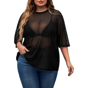 image:imageMakeMeChic Womens Plus Size Concert Outfits Fishnet Tops Black Rhinestone Mesh Short Sleeve Festival TopsBlack Mesh