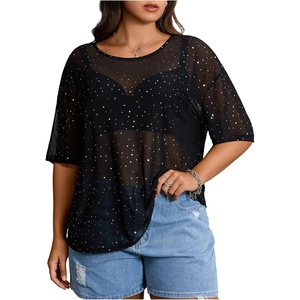 image:imageMakeMeChic Womens Plus Size Concert Outfits Fishnet Tops Black Rhinestone Mesh Short Sleeve Festival TopsBlack Rhinestone
