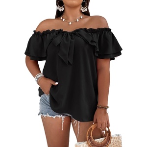 image:imageMakeMeChic Womens Plus Size Off Shoulder Tops Ruffle Short Sleeve Blouse Summer Tie Front OutfitsBlack