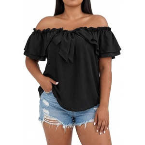 image:imageMakeMeChic Womens Plus Size Off Shoulder Tops Ruffle Short Sleeve Blouse Summer Tie Front OutfitsBlack a