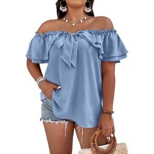 image:imageMakeMeChic Womens Plus Size Off Shoulder Tops Ruffle Short Sleeve Blouse Summer Tie Front OutfitsDusty Blue