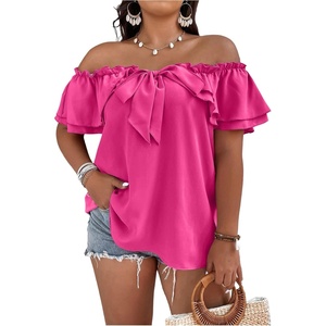 image:imageMakeMeChic Womens Plus Size Off Shoulder Tops Ruffle Short Sleeve Blouse Summer Tie Front OutfitsHot Pink