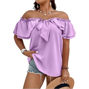 image:imageMakeMeChic Womens Plus Size Off Shoulder Tops Ruffle Short Sleeve Blouse Summer Tie Front OutfitsMauve Purple