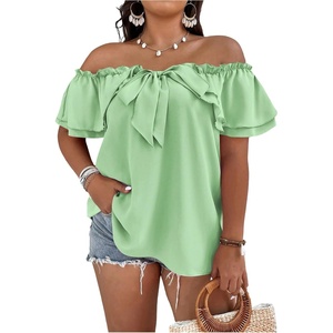 image:imageMakeMeChic Womens Plus Size Off Shoulder Tops Ruffle Short Sleeve Blouse Summer Tie Front OutfitsMint Green