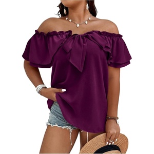 image:imageMakeMeChic Womens Plus Size Off Shoulder Tops Ruffle Short Sleeve Blouse Summer Tie Front OutfitsPurple