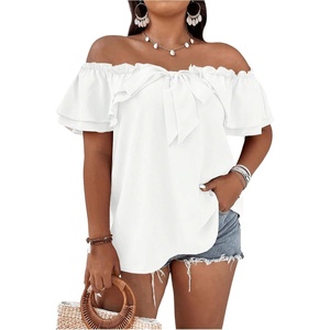 image:imageMakeMeChic Womens Plus Size Off Shoulder Tops Ruffle Short Sleeve Blouse Summer Tie Front OutfitsWhite