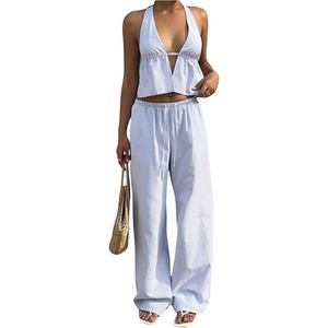 image:imageMakeMeChic Womens Summer 2 Piece Sets Backless Halter Tank Top Wide Leg Linen Pants Set Vacation OutfitsBlue
