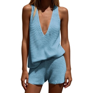 image:imageMakeMeChic Womens Summer 2 Piece Sets Knit Tank Tops Mini Shorts Set Beach Cover Ups Vacation OutfitsBlue