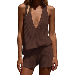 image:imageMakeMeChic Womens Summer 2 Piece Sets Knit Tank Tops Mini Shorts Set Beach Cover Ups Vacation OutfitsCoffee Brown