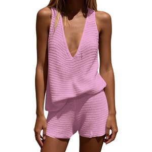 image:imageMakeMeChic Womens Summer 2 Piece Sets Knit Tank Tops Mini Shorts Set Beach Cover Ups Vacation OutfitsPink