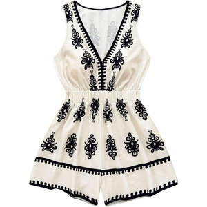 image:imageMakeMeChic Womens Summer Boho Short Rompers Floral Deep V Neck Sleeveless Wide Leg One Piece JumpsuitBlack and White