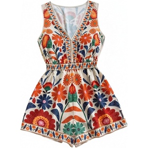 image:imageMakeMeChic Womens Summer Boho Short Rompers Floral Deep V Neck Sleeveless Wide Leg One Piece JumpsuitMulticolor