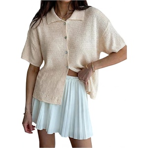 image:imageMakeMeChic Womens Summer Half Sleeve Collared Cardigan Button Down Short Sleeve Knitted SweaterBeige