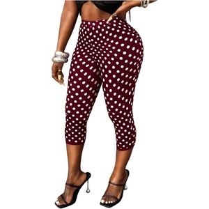 image:imageMakeMeChic Womens Summer Polka Dots Capri Pants Elastic High Waisted Knee Length Yoga LeggingsBurgundy