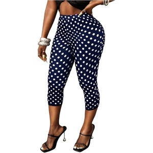 image:imageMakeMeChic Womens Summer Polka Dots Capri Pants Elastic High Waisted Knee Length Yoga LeggingsDark Blue